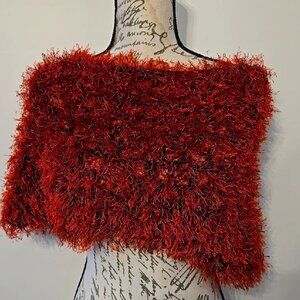 STUNNING HANDCRAFTED CROCHET EYELASH YARN  OFF SHOULDER Vibrant Red Fuzzy Wrap